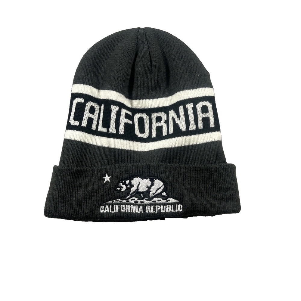 California Republic Beanie Hat Black White Striped Bear Logo One Size Mens